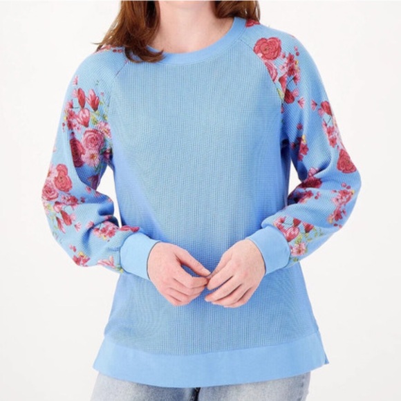 Belle by Kim Gravel Tops - Belle by Kim Gravel Light Blue Waffle Top with Floral Sleeves